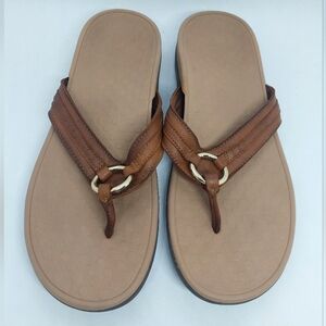 Vionic Womens Tide Aloe Flip Flops Size 9 Mocha Leather Sandals Toe Comfort